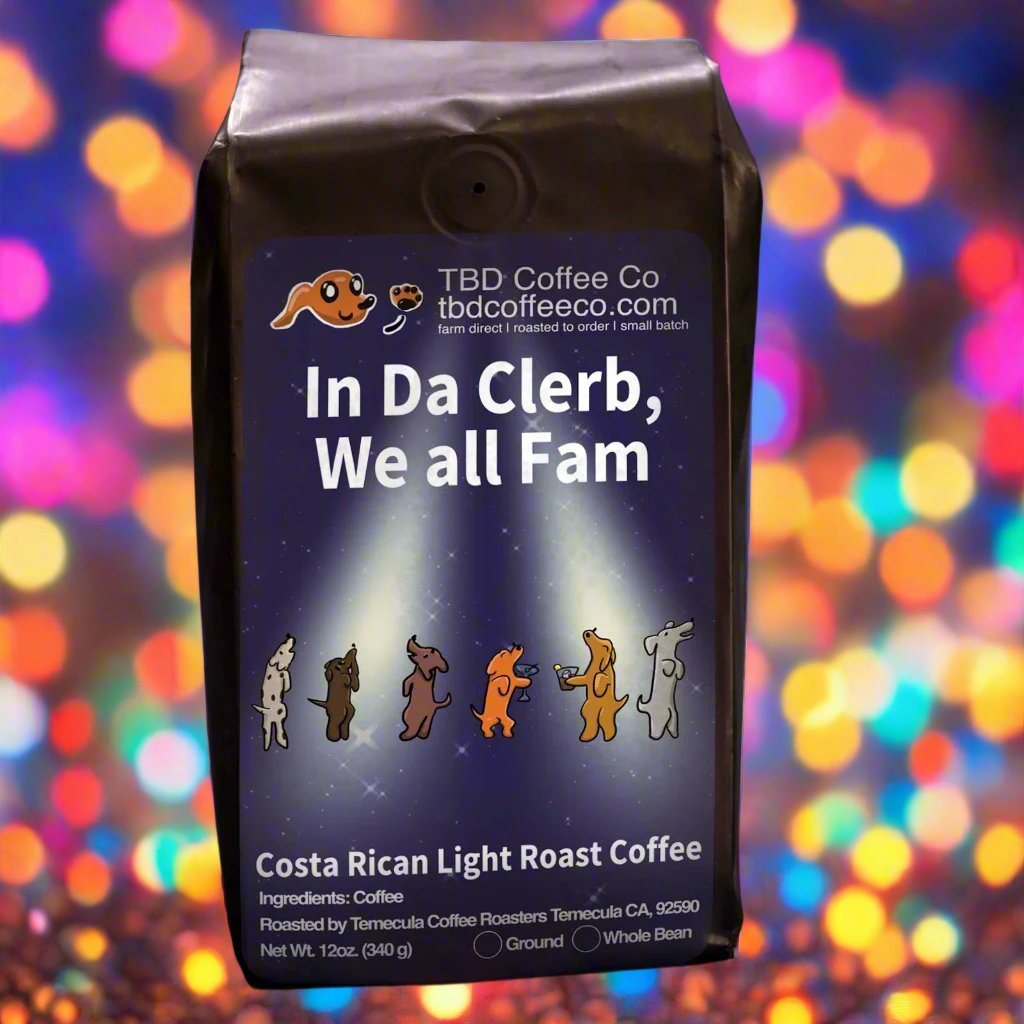 in da clerb we all fam coffee bag with colorful bokeh background