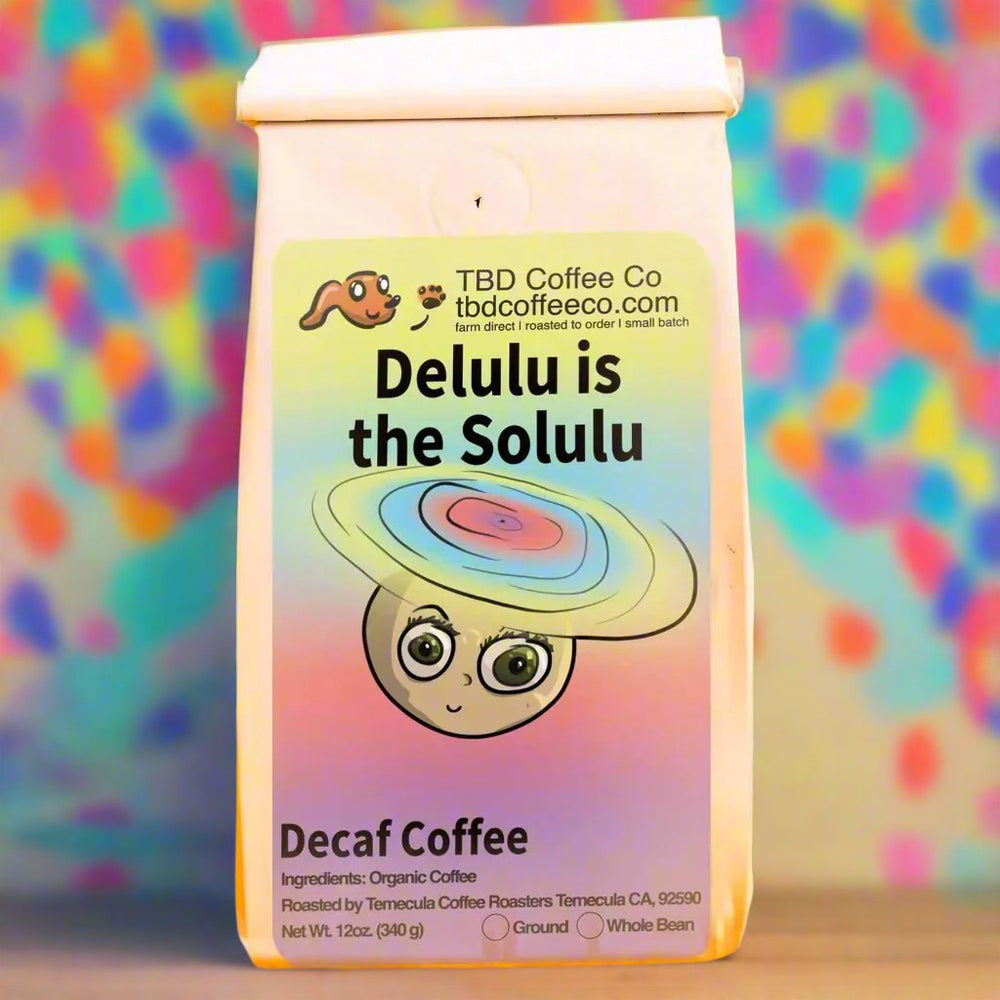 Delulu is the Solulu decaf coffee against a multicolored background